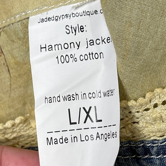 Jaded Gypsy Phoebe Harmony Denim Jacket Peace Sign Tattered Lace L/XL Coachella - Picture 5 of 5